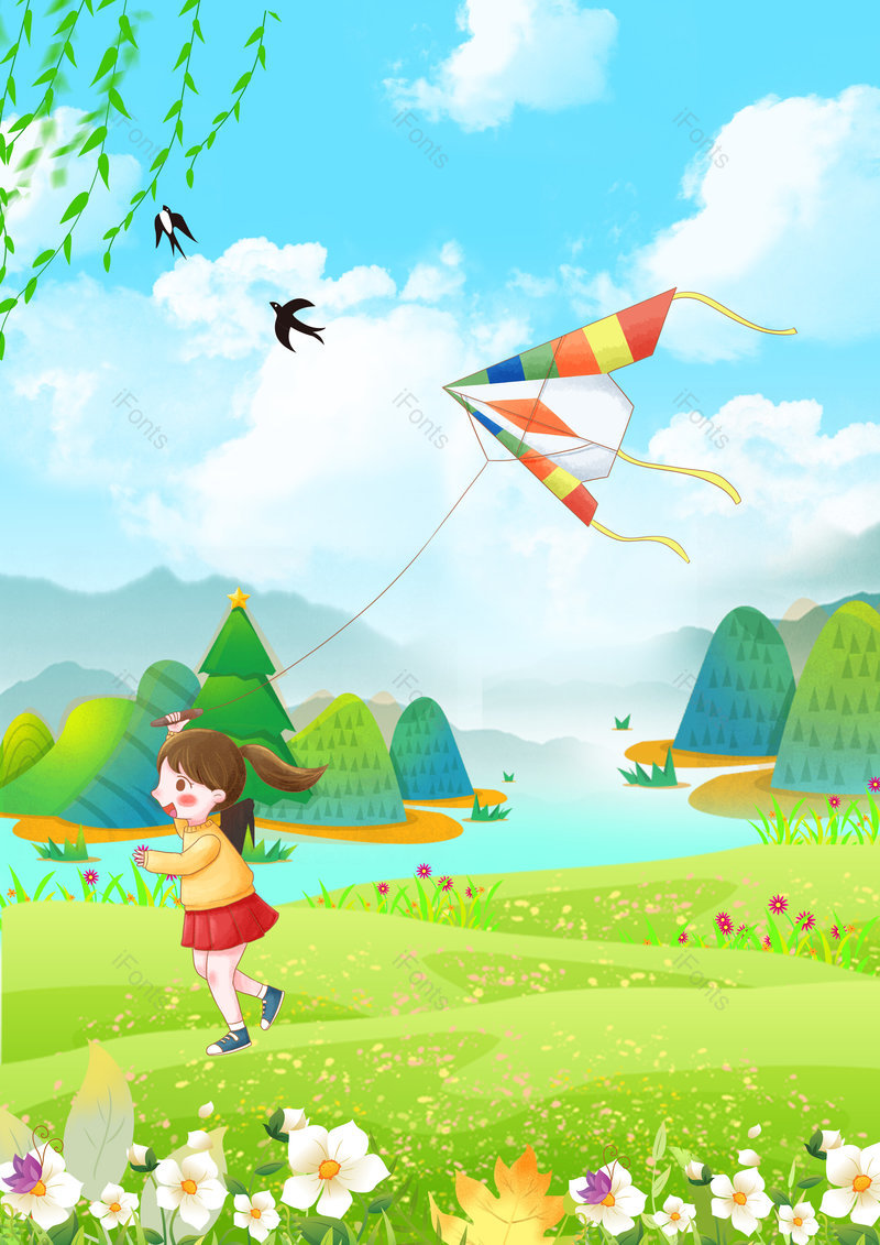 卡通手绘春分春天放风筝的人海报背景,插画/手绘图,插画/手绘图库,插画/手绘图下载,插画/手绘